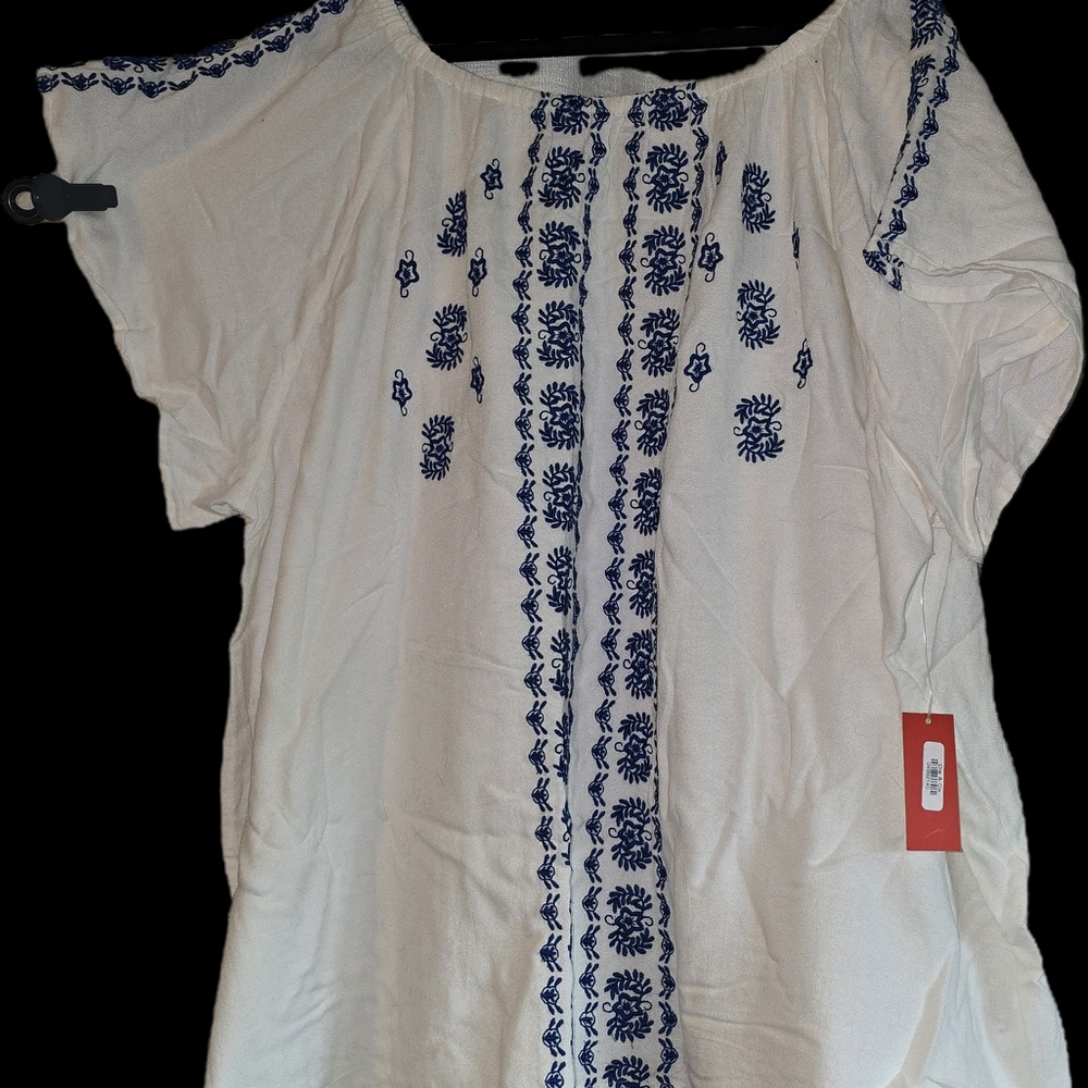 4X Embroidered White and Blue Women's Top
